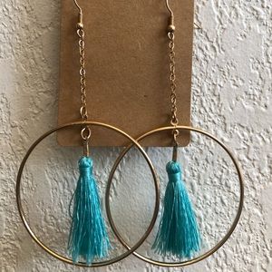 Long Hoop drop earrings with teal tassel